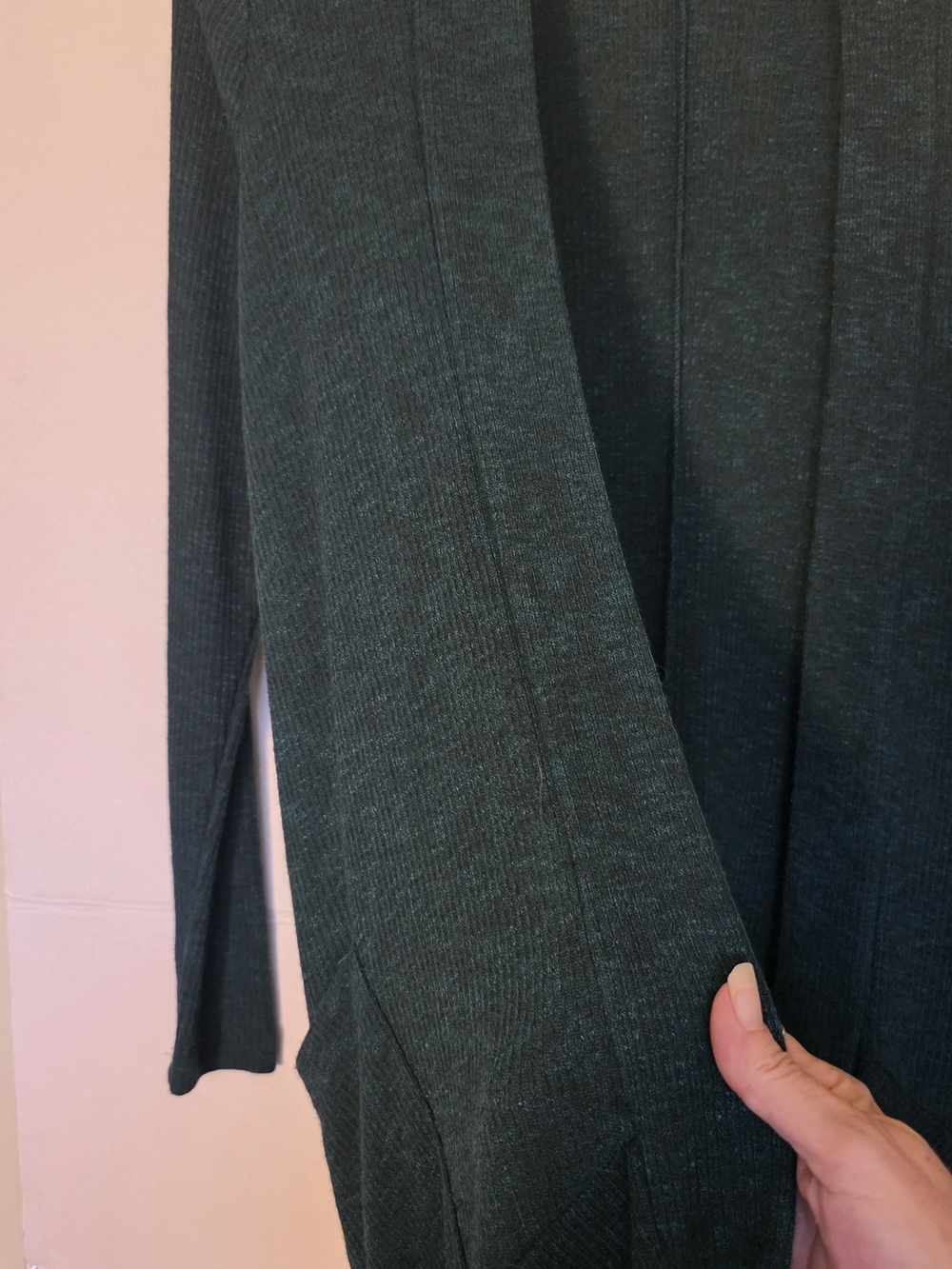 Candies Ribbed Knit Open Front Cardigan Sweater Pockets Teal Green Draped Hem
